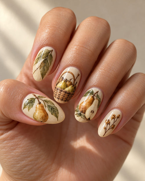 Pear Reverie hand-painted press-on nails — hand worn