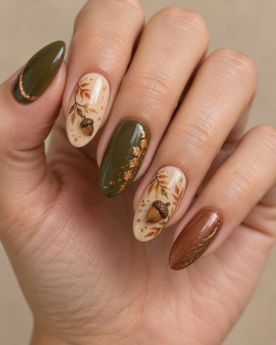Rustic Acorn Folk Hand-Painted Press-On Nails — on a hand
