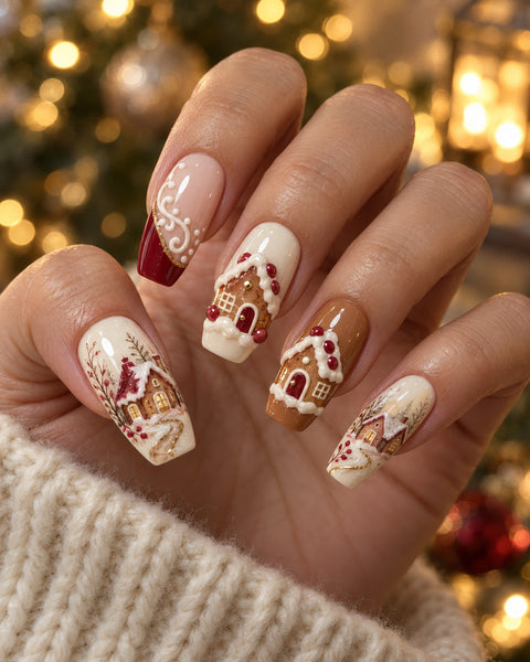 Gingerbread Village I Hand-Painted Press-On Nails
