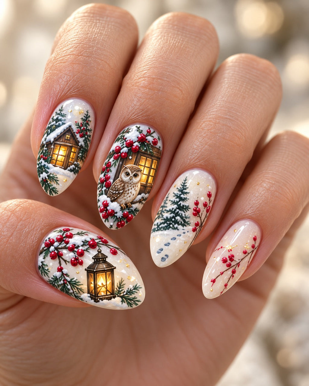 Owl Berry Watch hand-painted press-on nails — hand wearing the design