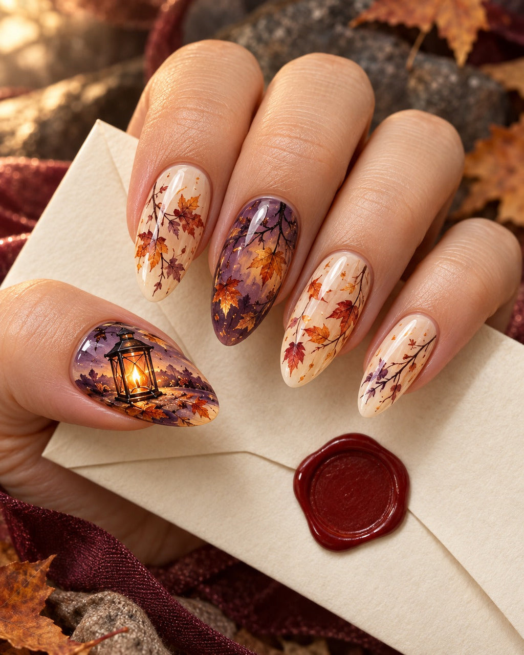 Amber Vigil hand-painted press-on nails worn on a hand, design preview