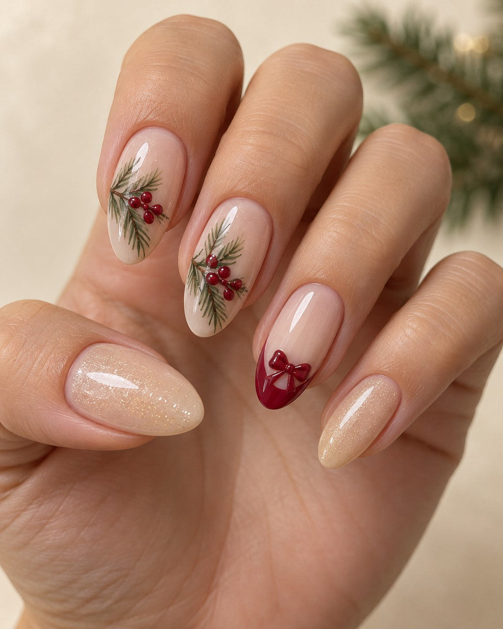 Winter Pine & Berry Hand-Painted Press-On Nails