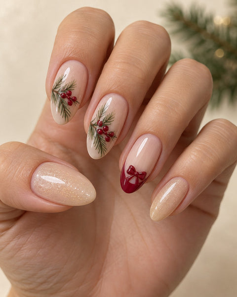 Winter Pine & Berry Hand-Painted Press-On Nails