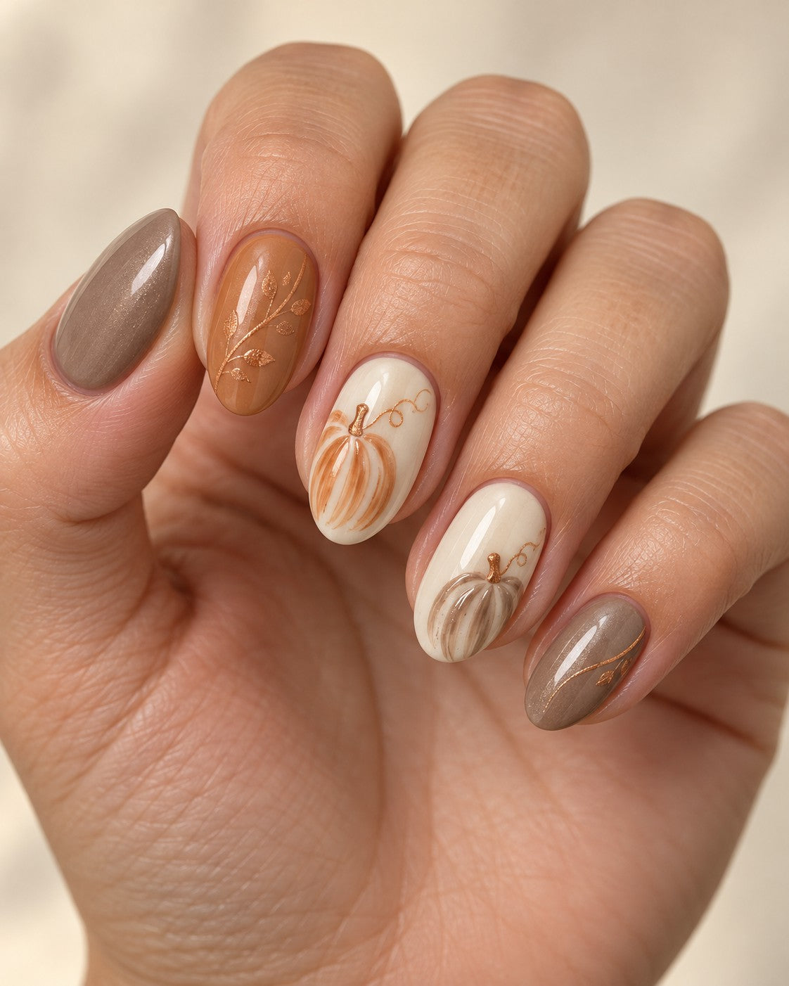 Caramel Pumpkin Lines Hand-Painted Press-On Nails — on a hand, AI design preview