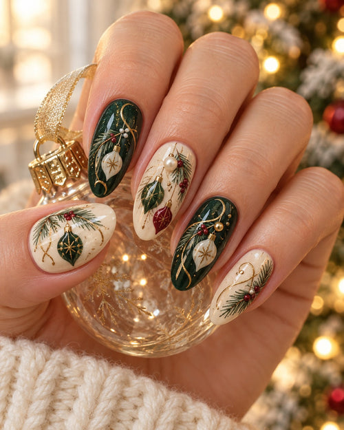 Heirloom Scrollwork hand-painted press-on nails — hand wearing the design