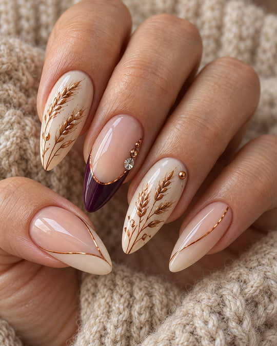 Thanksgiving Copper Wheat Hand-Painted Press-On Nails — on a hand