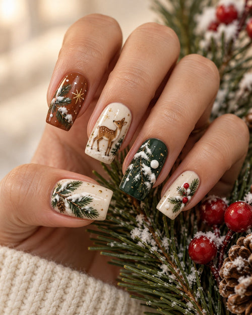 Snowy Fawn and Pine press-on nails on one hand, showing five woodland designs