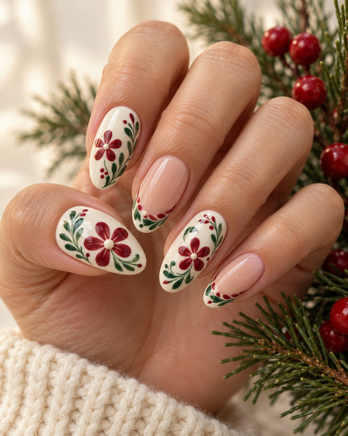 Cranberry Folk Rosettes hand-painted press-on nails — hand wearing Christmas floral design