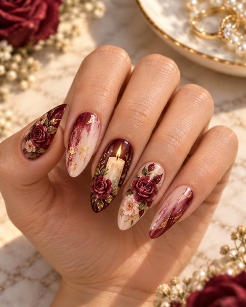 Candlelit Promise hand-painted press-on nails — on an adult hand. Design preview.