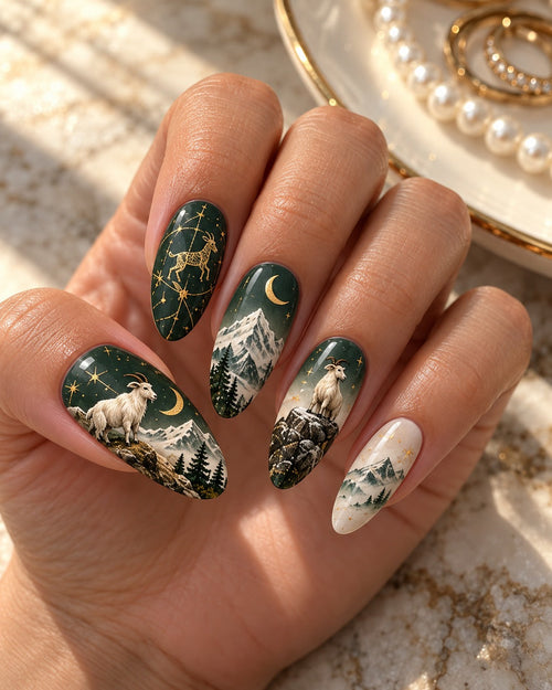 Gilded Summit hand-painted press-on nails worn on a hand, design preview