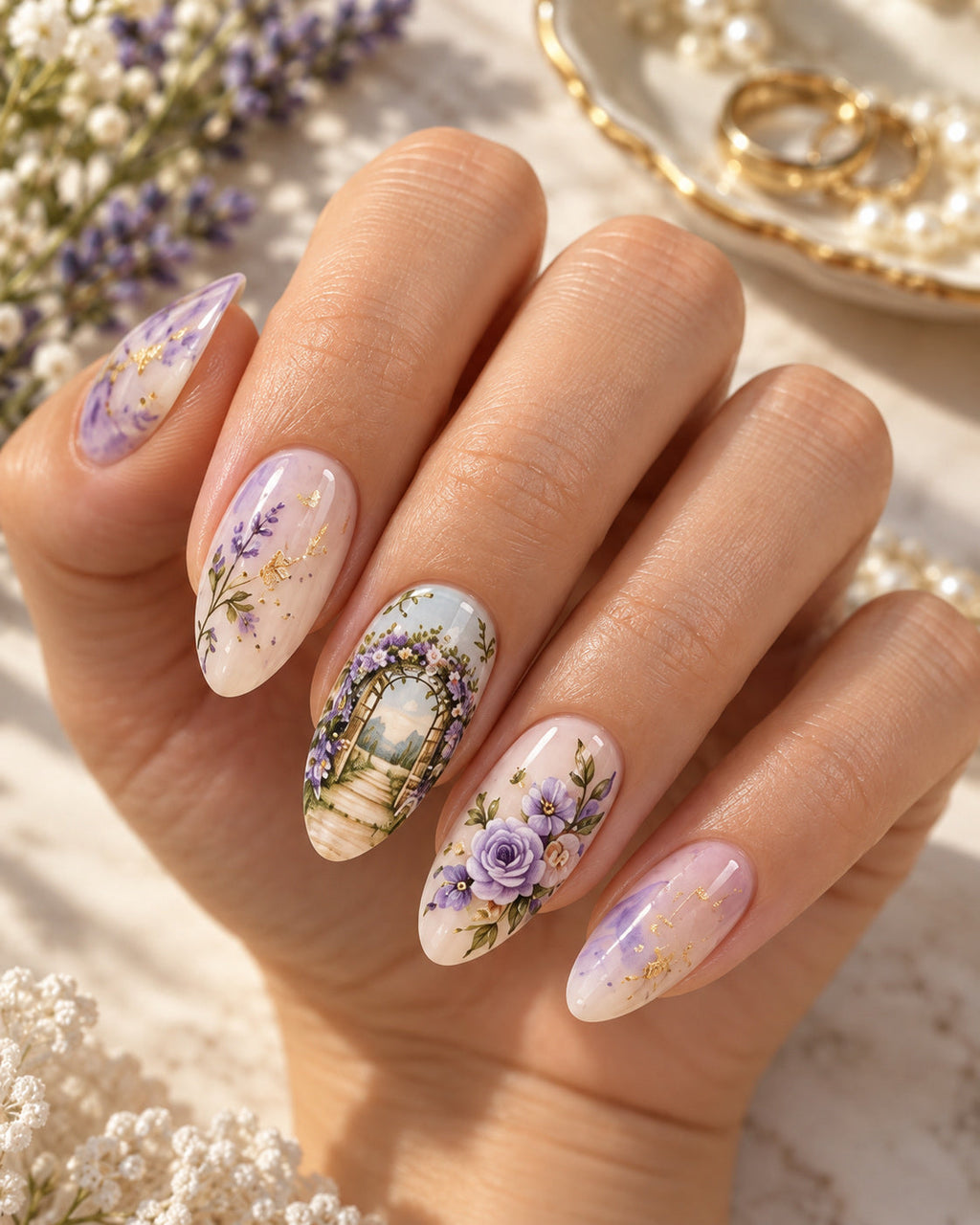 Garden Vows hand-painted press-on nails — on an adult hand. Design preview.