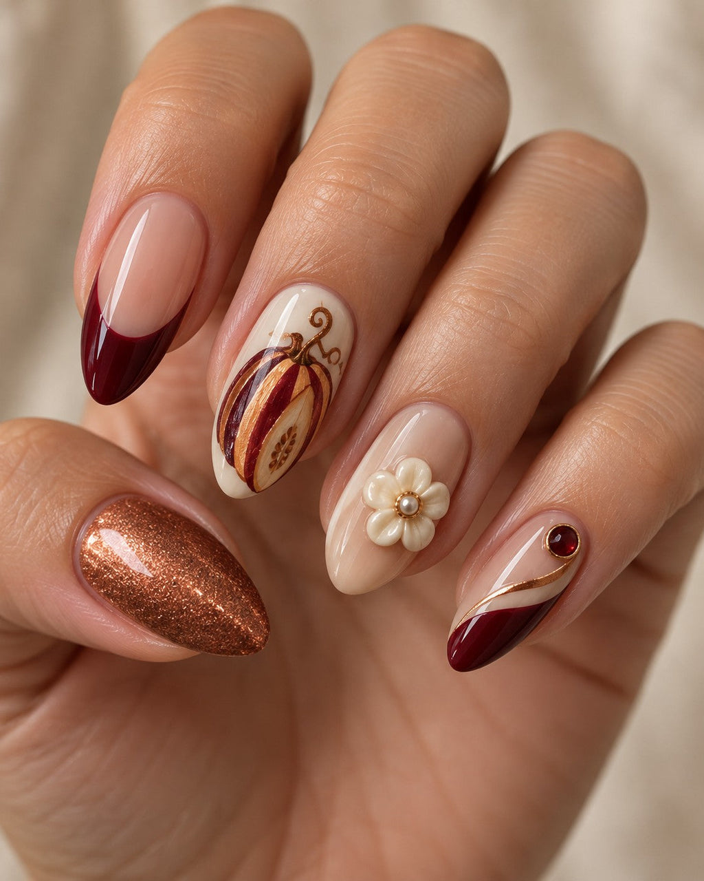 Heirloom Slice Hand-Painted Press-On Nails — on a hand, AI design preview