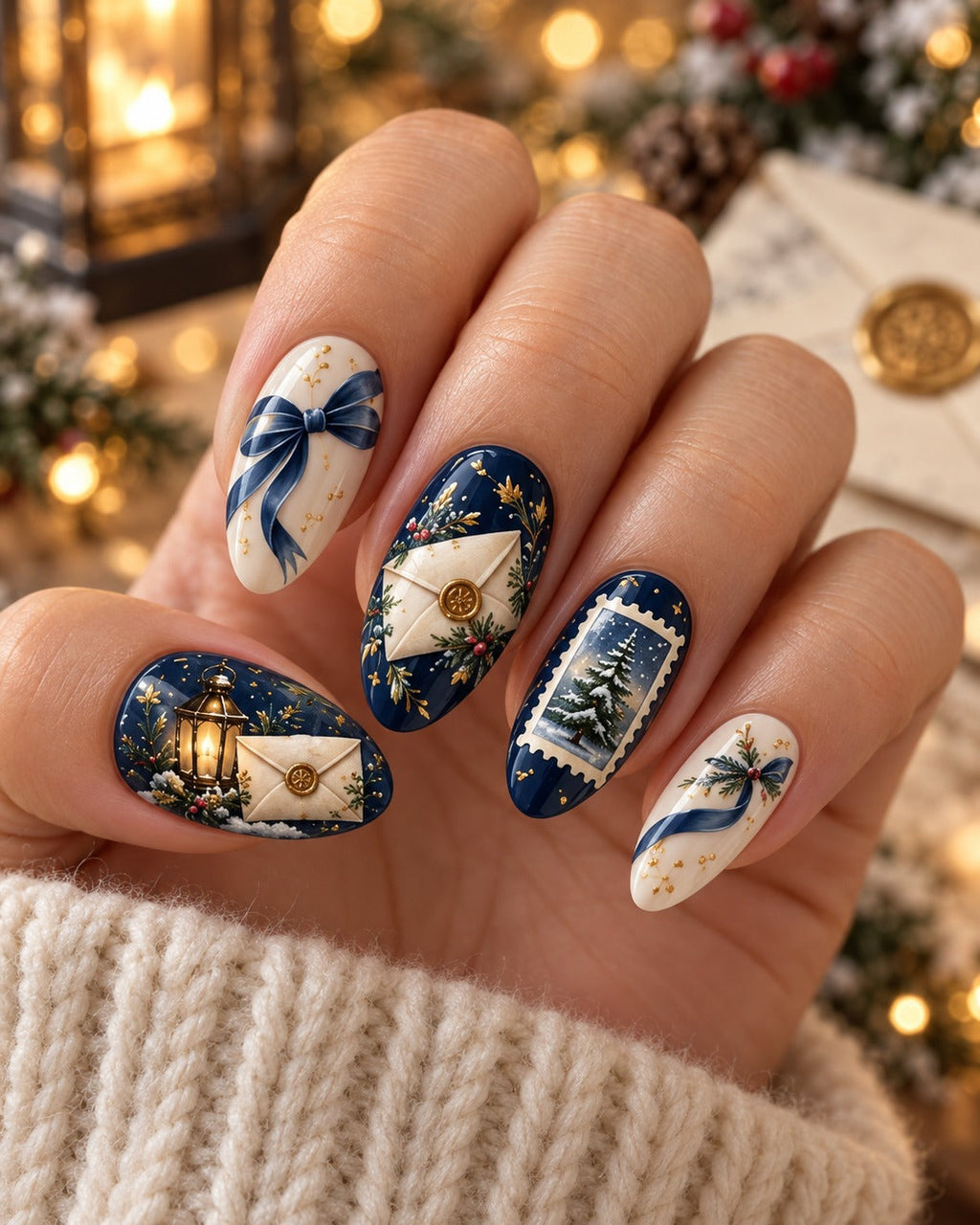 Midwinter Letter hand-painted press-on nails worn on a hand, design preview