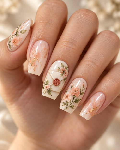 Sealed Romance hand-painted press-on nails on an adult hand. Design preview.