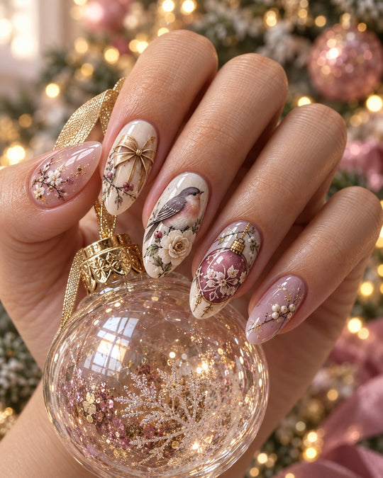 Mauve Serenade Christmas hand-painted press-on nails on hand