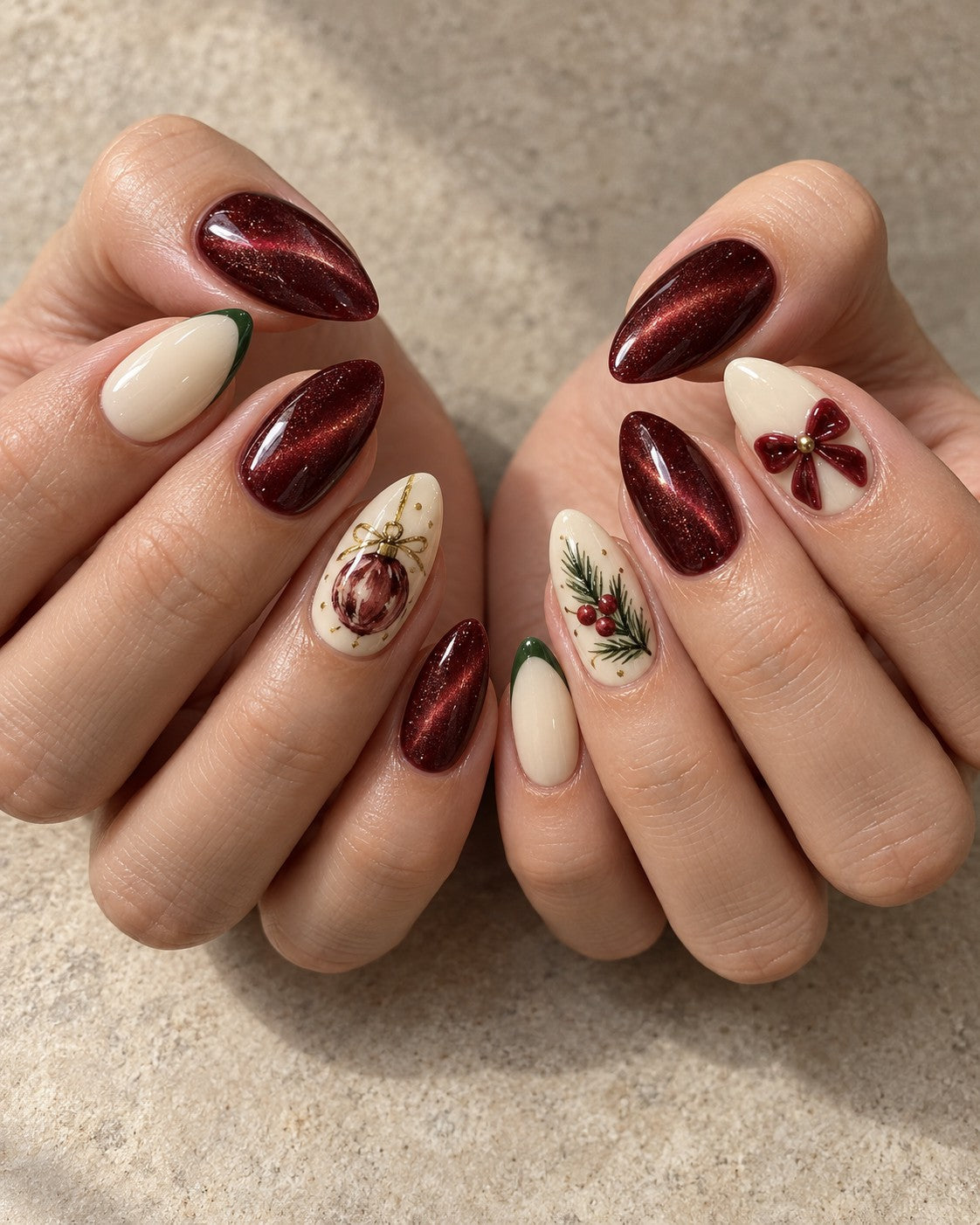 Christmas Heirloom Mix Hand-Painted Press-On Nails — on a hand, AI design preview
