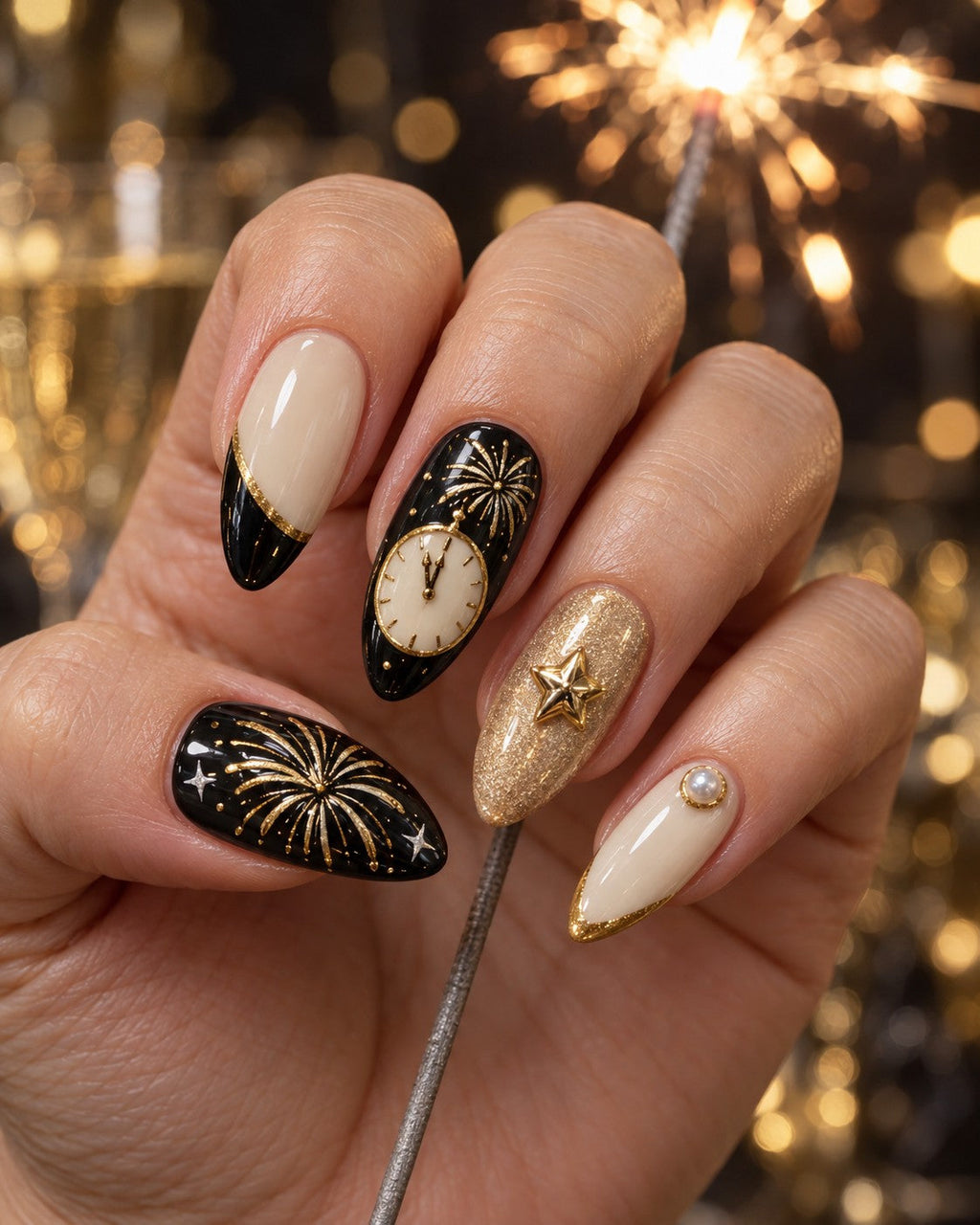 Champagne Stars Hand-Painted Press-On Nails — on a hand, AI design preview