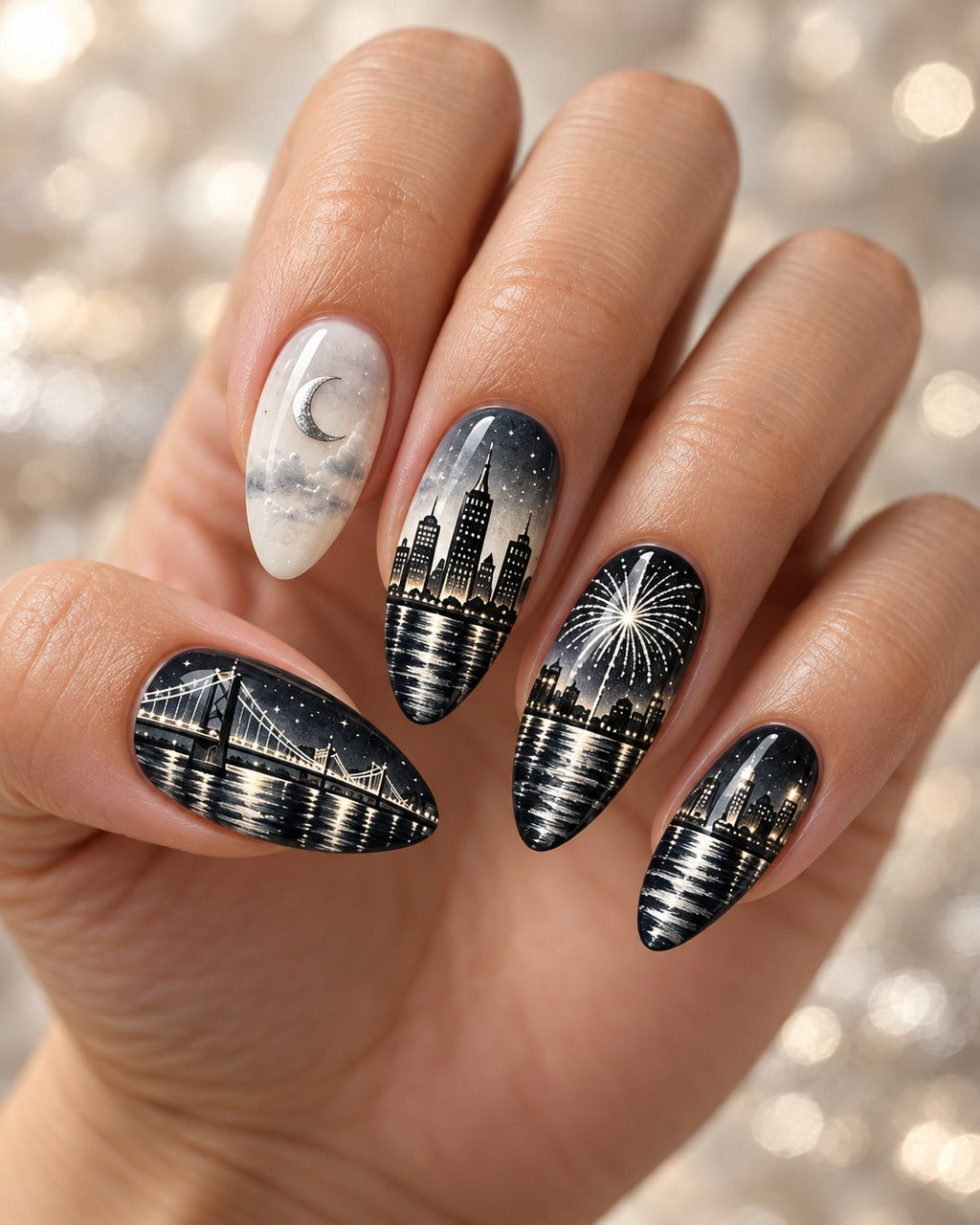 Silver Skyline hand-painted press-on nails worn on a hand, design preview