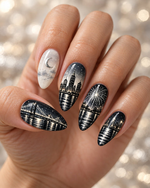 Silver Skyline Hand-Painted Press-On Nails