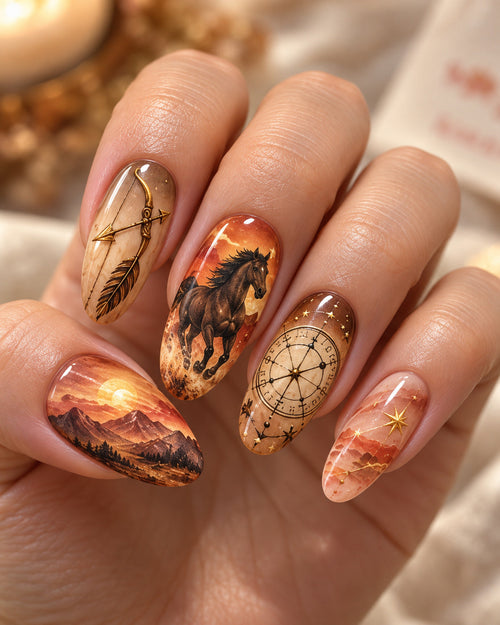 Sagittarius Ember Rider zodiac press-on nails on an adult hand