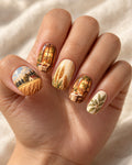Supper Window hand-painted press-on nails — hand wearing the design