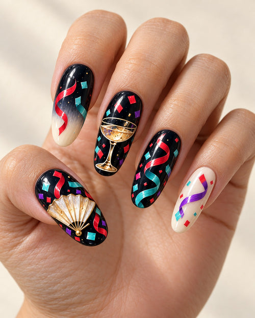 Confetti Nocturne hand-painted press-on nails — hand worn