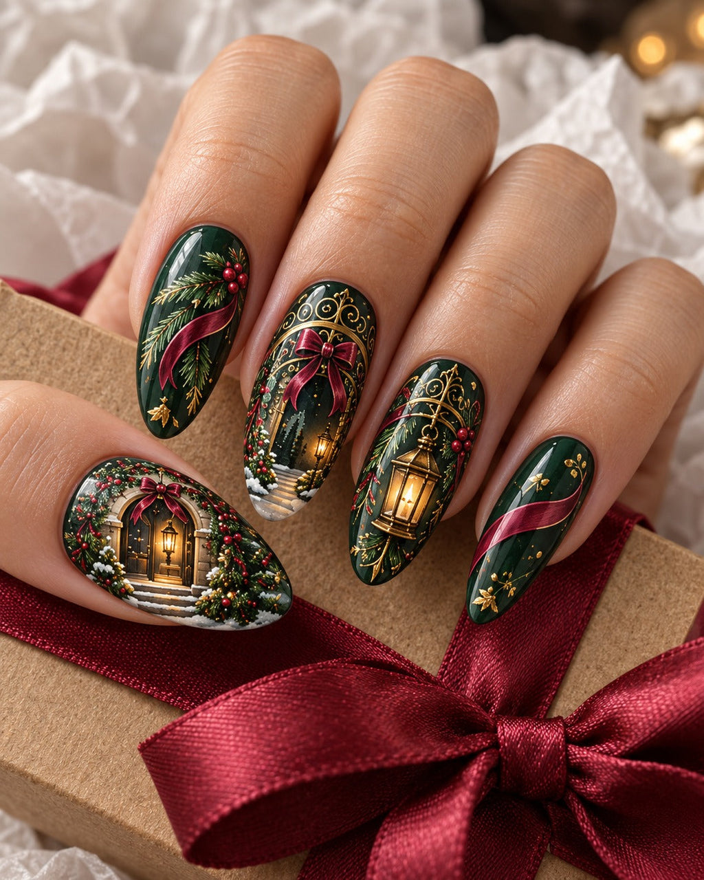 Gilded Evergreen Arch hand-painted press-on nails worn on a hand, design preview