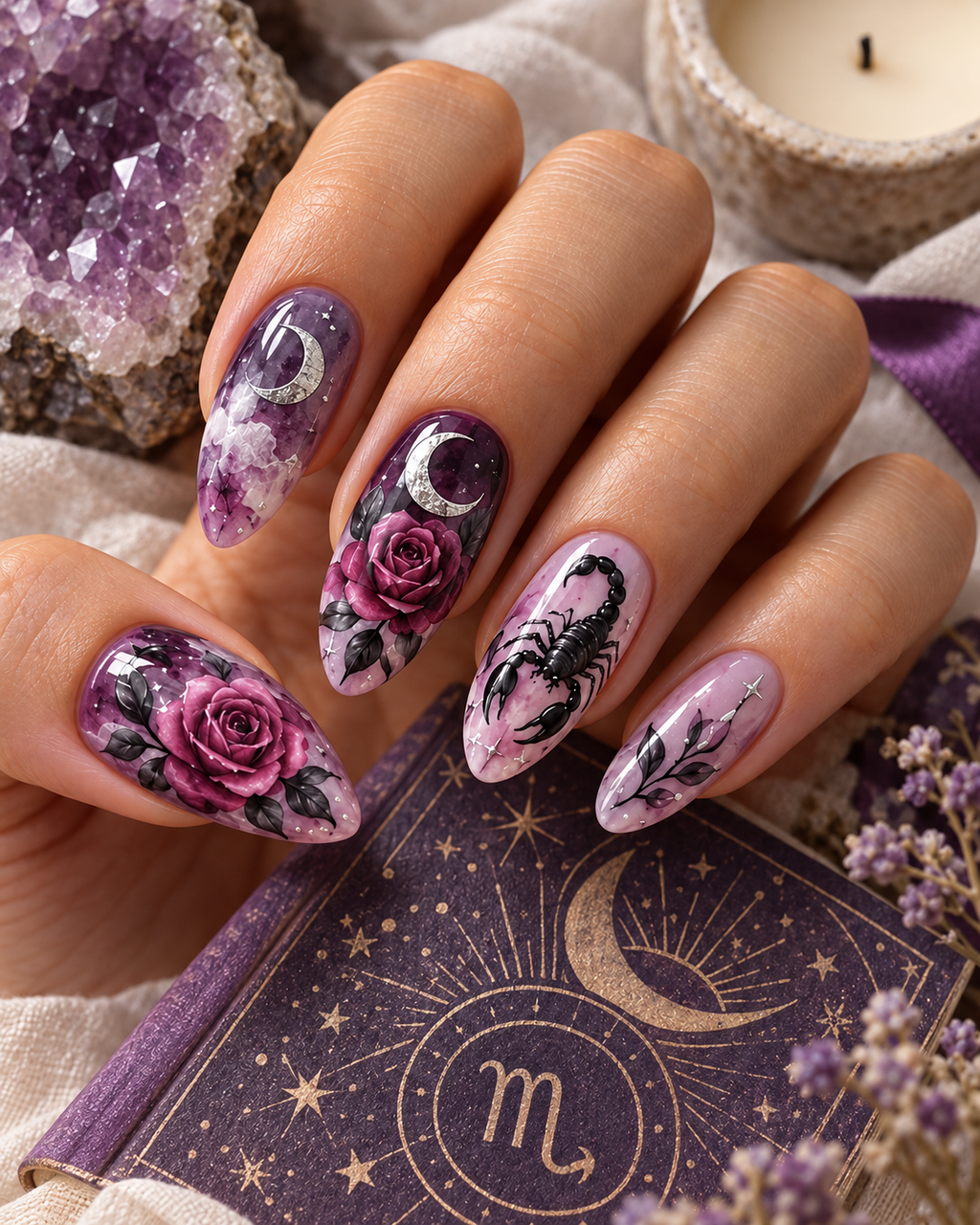 Scorpio Lunar Bloom zodiac press-on nails on an adult hand