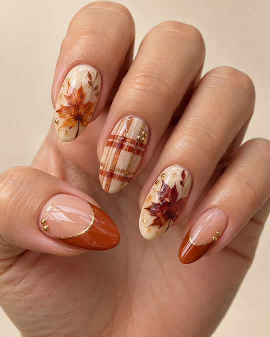 Thanksgiving Maple Plaid Hand-Painted Press-On Nails — on a hand