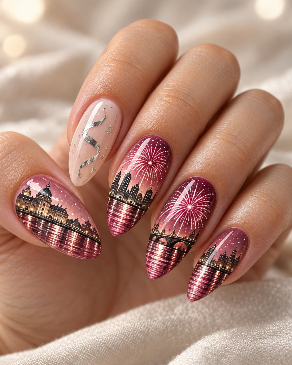 Rose Afterglow hand-painted press-on nails — hand wearing the design