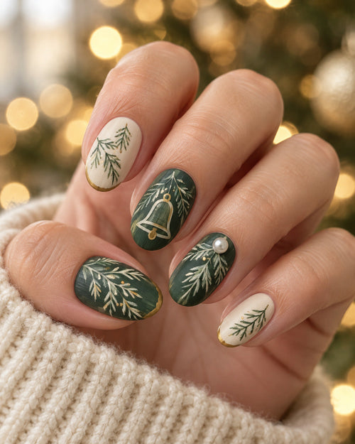 Evergreen Bell Silhouette Christmas press-on nails worn on one hand, forest green pine and painted bell