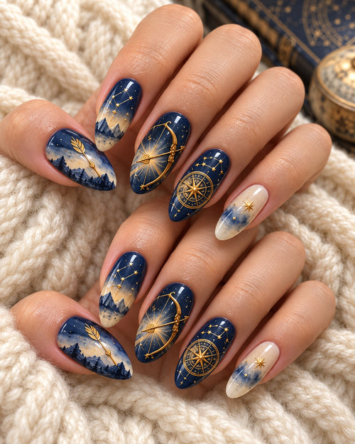 Sagittarius Midnight Archer zodiac press-on nails on an adult hand