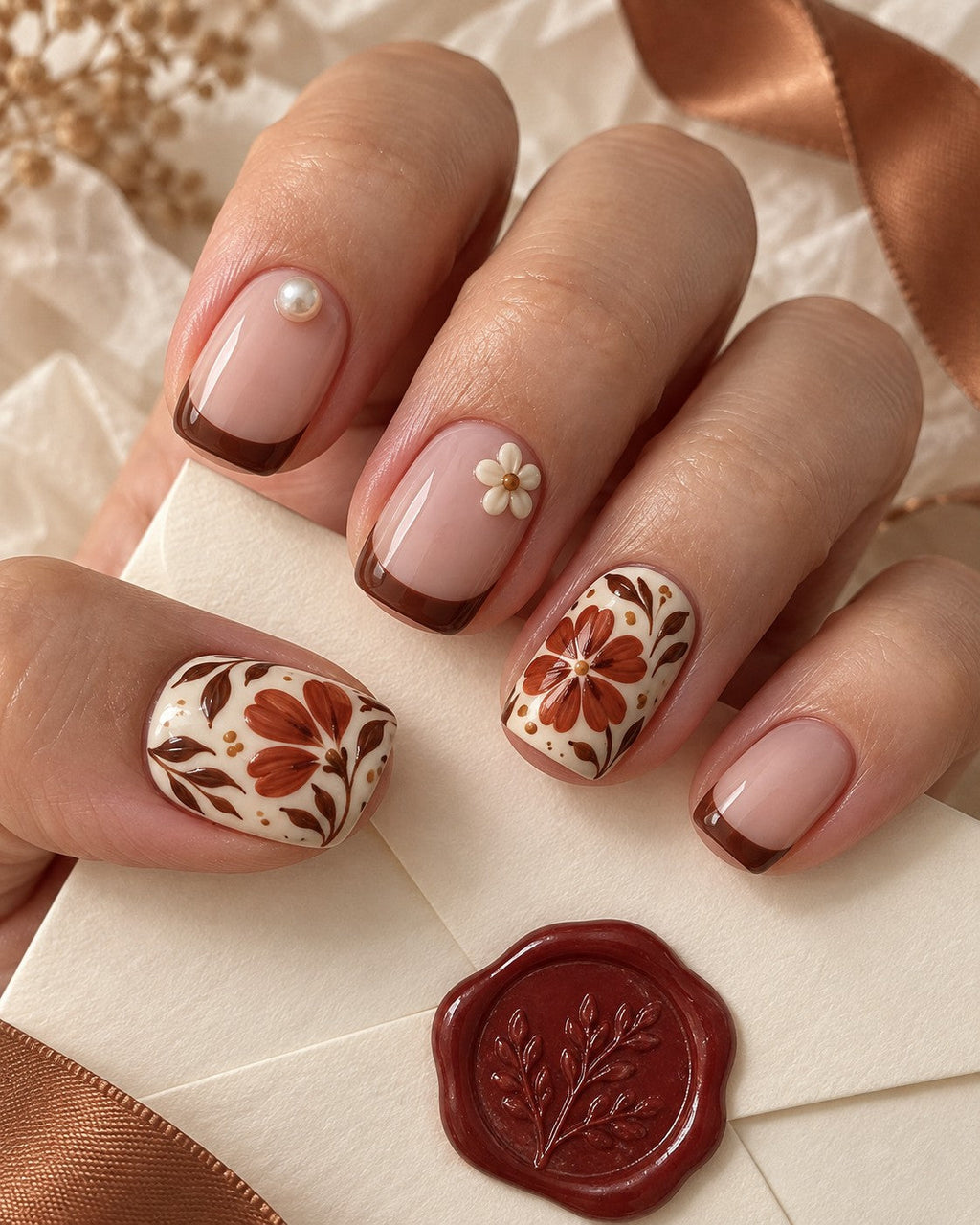 Earthen Floral Tile Hand-Painted Press-On Nails — on a hand, AI design preview
