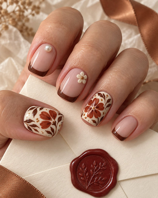 Earthen Floral Tile Hand-Painted Press-On Nails — on a hand, AI design preview