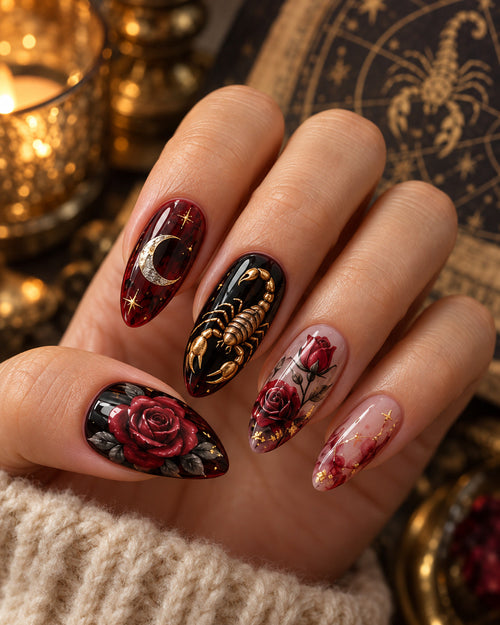 Scorpio Velvet Sting zodiac press-on nails on an adult hand