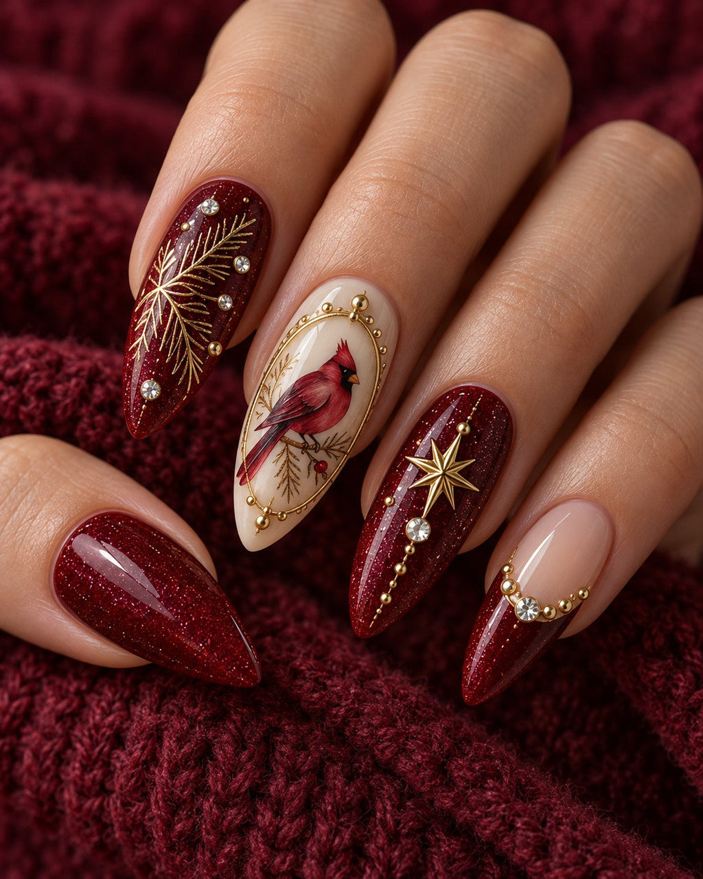 Burgundy Nocturne Hand-Painted Press-On Nails shown on a hand