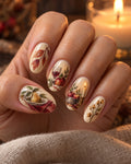 Supper Glow hand-painted press-on nails worn on a hand, design preview