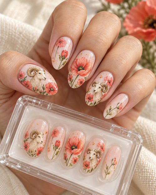 Poppy Muse hand-painted press-on nails — hand wearing the design
