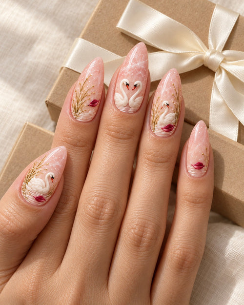 Winter Swans hand-painted press-on nails — hand wearing the design