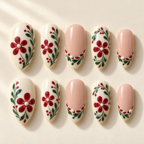 Cranberry Folk Rosettes hand-painted press-on nails — full ten-nail set