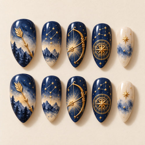Ten Sagittarius Midnight Archer painted nail designs in two rows
