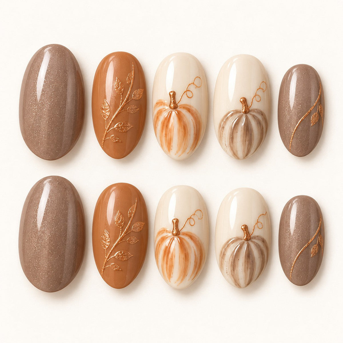 Caramel Pumpkin Lines Hand-Painted Press-On Nails — full 10-nail set, AI design preview