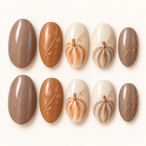 Caramel Pumpkin Lines Hand-Painted Press-On Nails — full 10-nail set, AI design preview