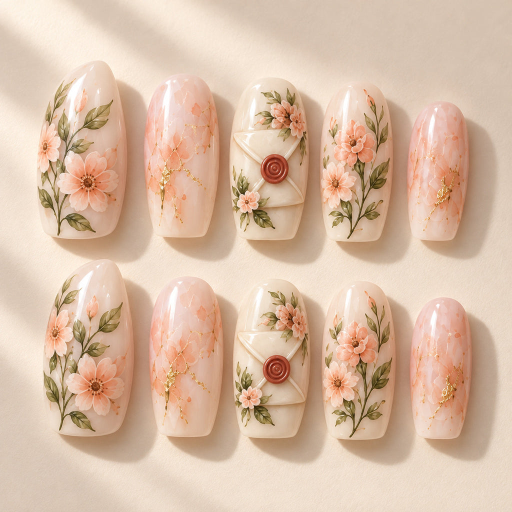 Sealed Romance full ten-nail set with peach blossoms and wedding letter. Design preview.