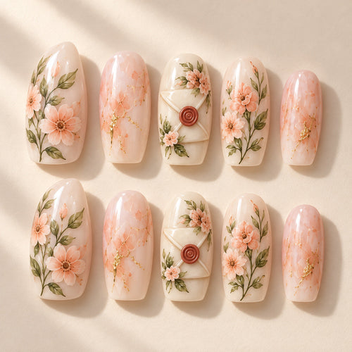 Sealed Romance full ten-nail set with peach blossoms and wedding letter. Design preview.