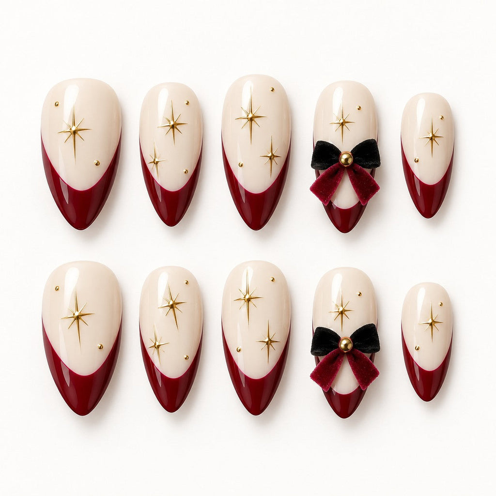Christmas Red French Bow Hand-Painted Press-On Nails — full 10-nail set, AI design preview