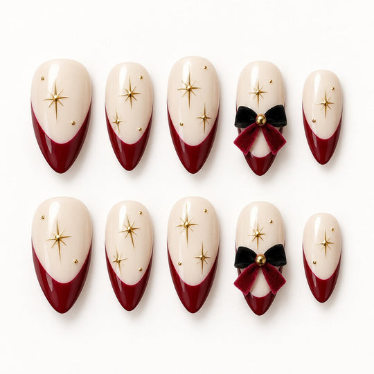 Christmas Red French Bow Hand-Painted Press-On Nails — full 10-nail set, AI design preview