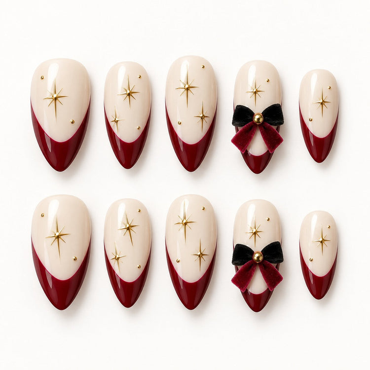 Christmas Red French Bow Hand-Painted Press-On Nails — full 10-nail set, AI design preview