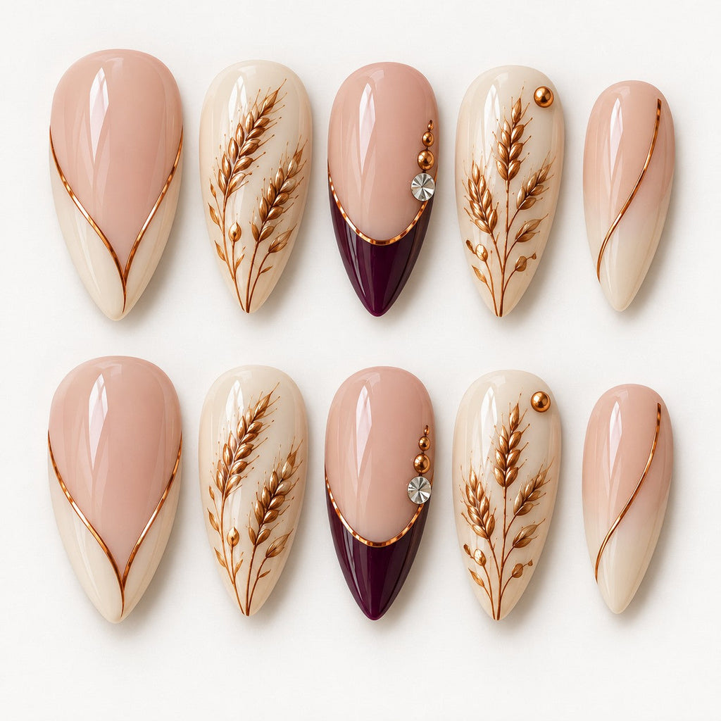 Thanksgiving Copper Wheat Hand-Painted Press-On Nails — full 10-nail set