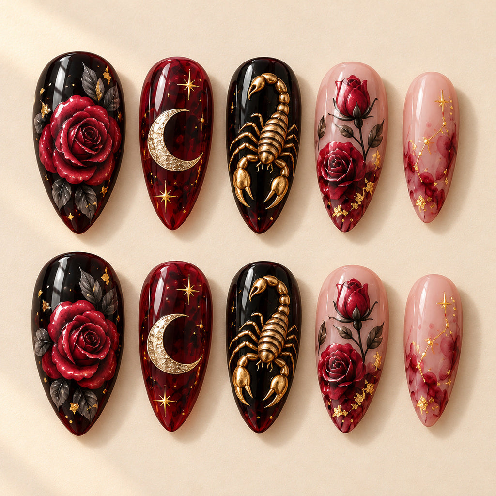 Ten Scorpio Velvet Sting painted nail designs in two rows